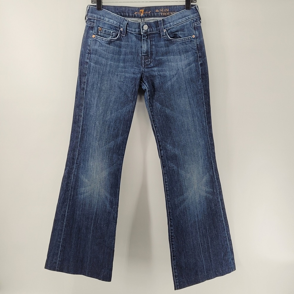 7 For All Mankind Slim Trouser Flare Jeans Womens 28 Blue Dark Wash Stretch